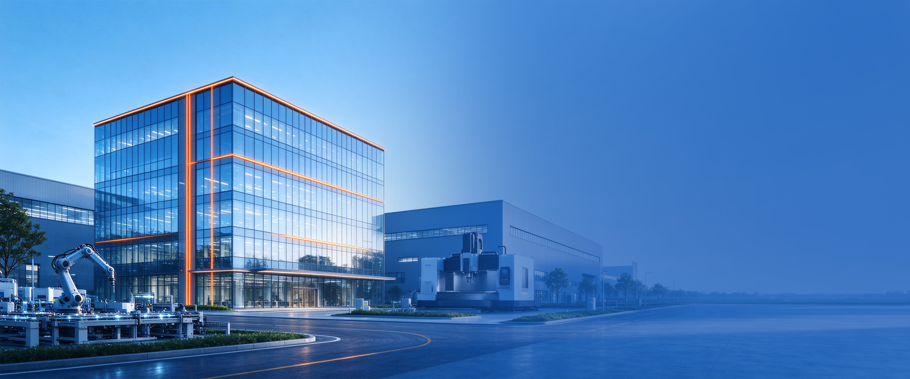 Advertising illustration of a glass office building beside an industrial plant with a robot arm and a gantry machining centre