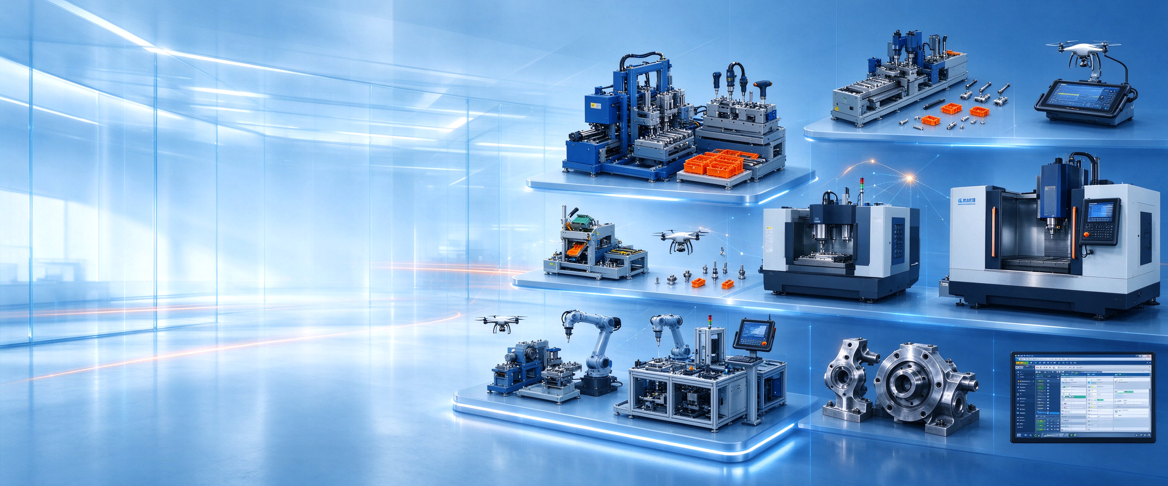Advertising illustration of tiered platforms showing automation equipment, machine tools, a rugged tablet, machined parts and a control software screen